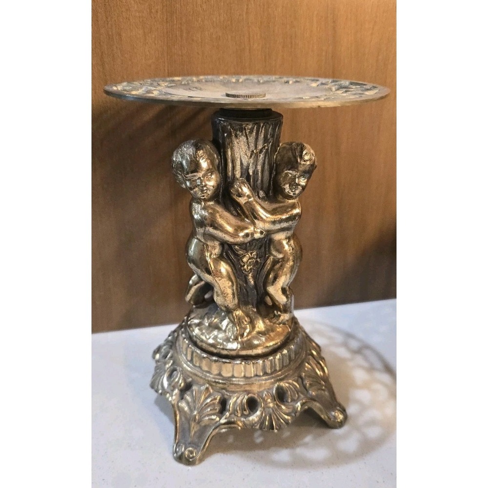 VTG Gold Brass Cherub Candle Holder Ornate Hollywood Regency Figural Candlestick